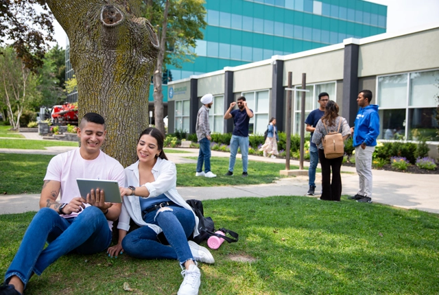 Two students sitting on the lawn outside of Cestar campus looking at ipad