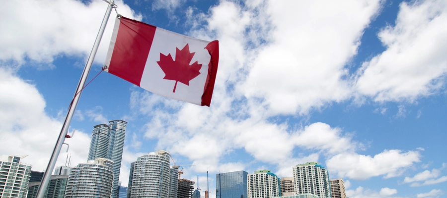 A photo of the canadian flag with the toronto skyline in the background.