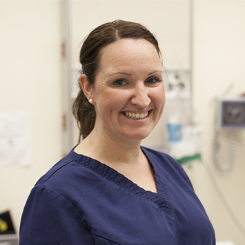 Online education student posing for photo wearing practical nursing uniform.