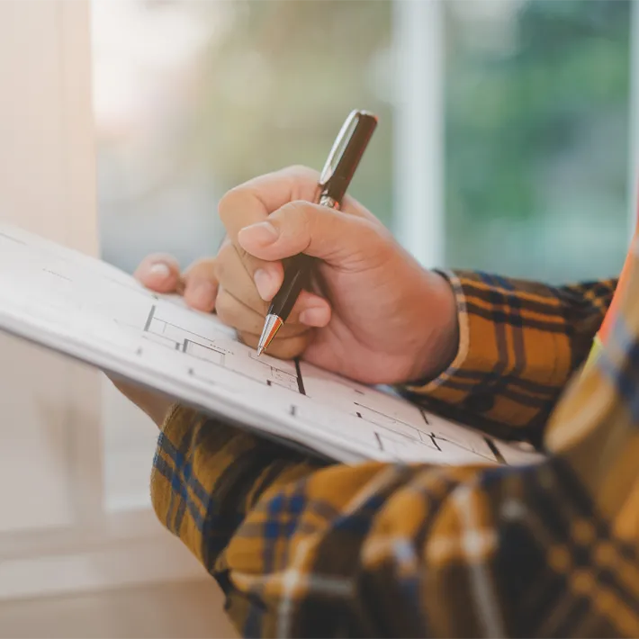 Home inspector looking floor plan on clipboard.