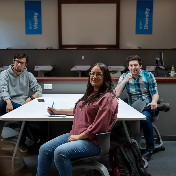 A student sitting in the alumni terrace