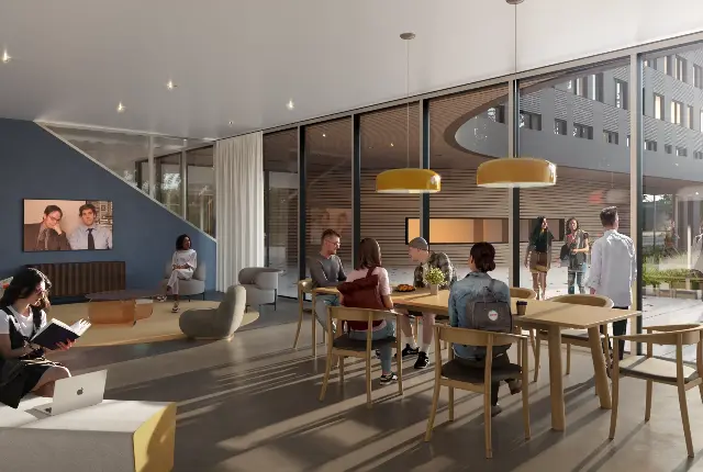 A rendering of the new student residence lounge